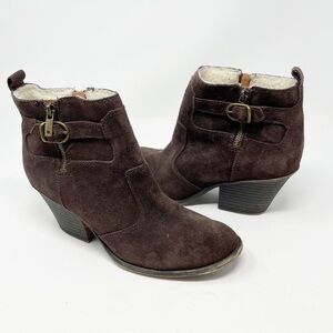 Lucky Brand Brown Suede Shearling Cuff Boots Ankle Booties Side Zip 10 Heel